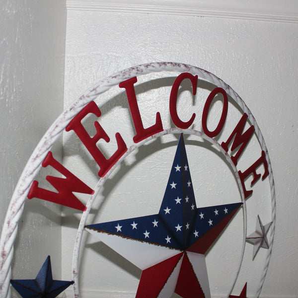 24" WELCOME USA FLAG BARN METAL FLAT STAR 2D FLAT PLAIN RED WHITE BLUE WESTER HOME DECOR HANDMADE NEW #EH12311