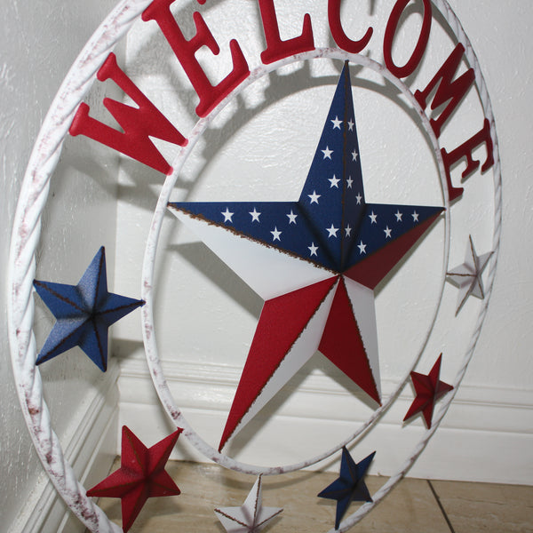 24" WELCOME USA FLAG BARN METAL FLAT STAR 2D FLAT PLAIN RED WHITE BLUE WESTER HOME DECOR HANDMADE NEW #EH12311