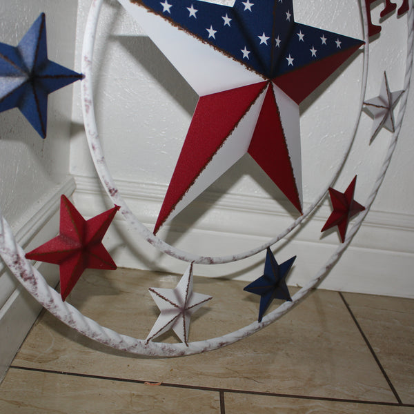 24" WELCOME USA FLAG BARN METAL FLAT STAR 2D FLAT PLAIN RED WHITE BLUE WESTER HOME DECOR HANDMADE NEW #EH12311