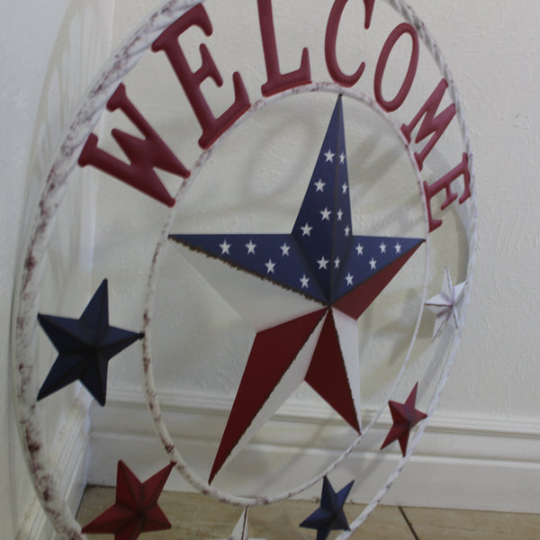 24" WELCOME USA FLAG BARN METAL FLAT STAR 2D FLAT PLAIN RED WHITE BLUE WESTER HOME DECOR HANDMADE NEW #EH12311