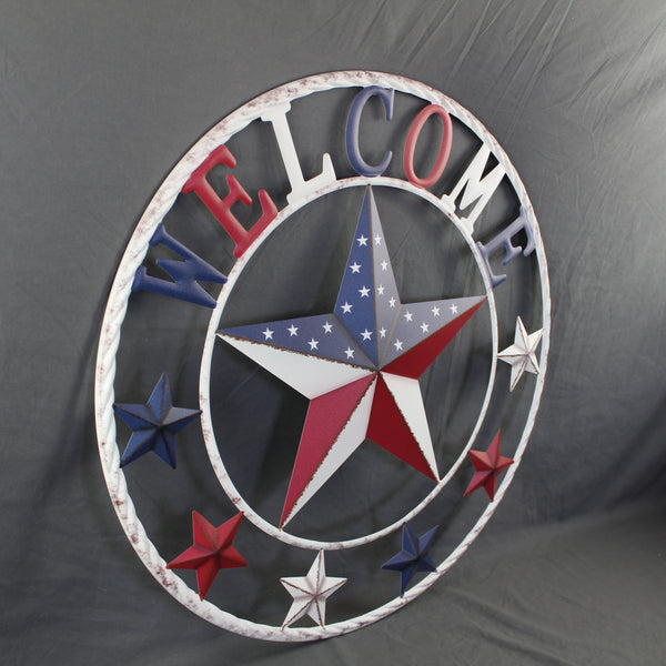 24" WELCOME USA FLAG BARN METAL FLAT STAR 2D PLAIN RED WHITE BLUE WESTER HOME DECOR HANDMADE NEW #EH12310