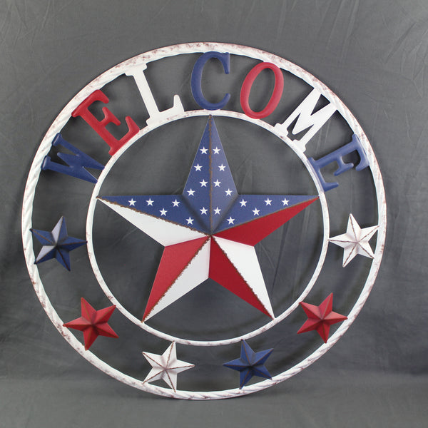 24" WELCOME USA FLAG BARN METAL FLAT STAR 2D PLAIN RED WHITE BLUE WESTER HOME DECOR HANDMADE NEW #EH12310