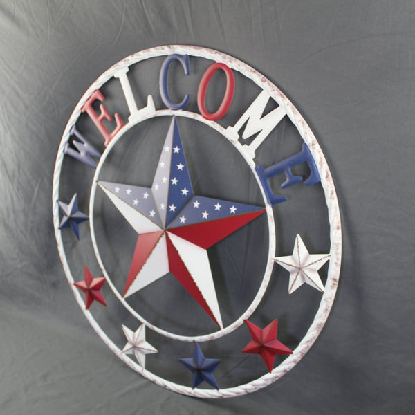 24" WELCOME USA FLAG BARN METAL FLAT STAR 2D PLAIN RED WHITE BLUE WESTER HOME DECOR HANDMADE NEW #EH12310