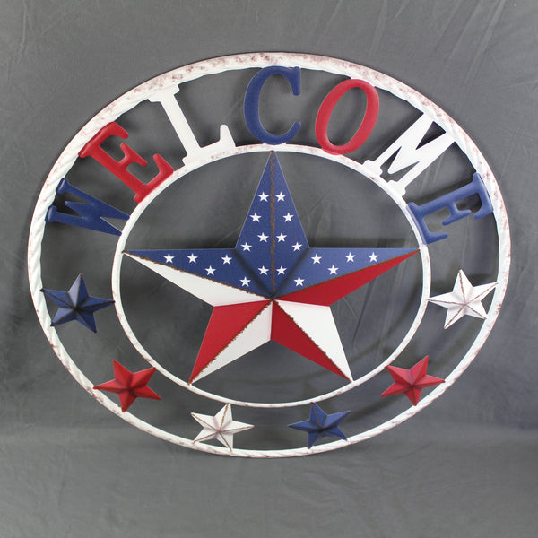 24" WELCOME USA FLAG BARN METAL FLAT STAR 2D PLAIN RED WHITE BLUE WESTER HOME DECOR HANDMADE NEW #EH12310