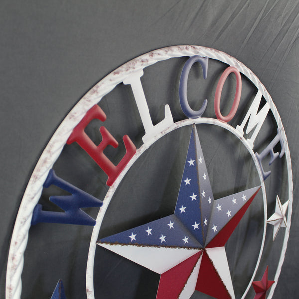 24" WELCOME USA FLAG BARN METAL FLAT STAR 2D PLAIN RED WHITE BLUE WESTER HOME DECOR HANDMADE NEW #EH12310