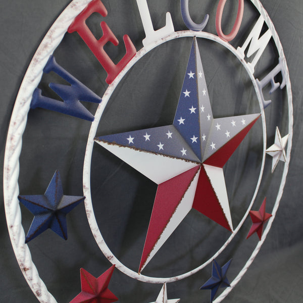 24" WELCOME USA FLAG BARN METAL FLAT STAR 2D PLAIN RED WHITE BLUE WESTER HOME DECOR HANDMADE NEW #EH12310