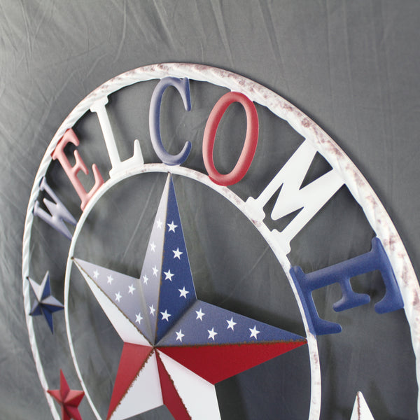 24" WELCOME USA FLAG BARN METAL FLAT STAR 2D PLAIN RED WHITE BLUE WESTER HOME DECOR HANDMADE NEW #EH12310