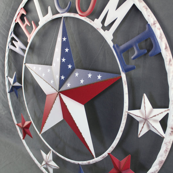 24" WELCOME USA FLAG BARN METAL FLAT STAR 2D PLAIN RED WHITE BLUE WESTER HOME DECOR HANDMADE NEW #EH12310