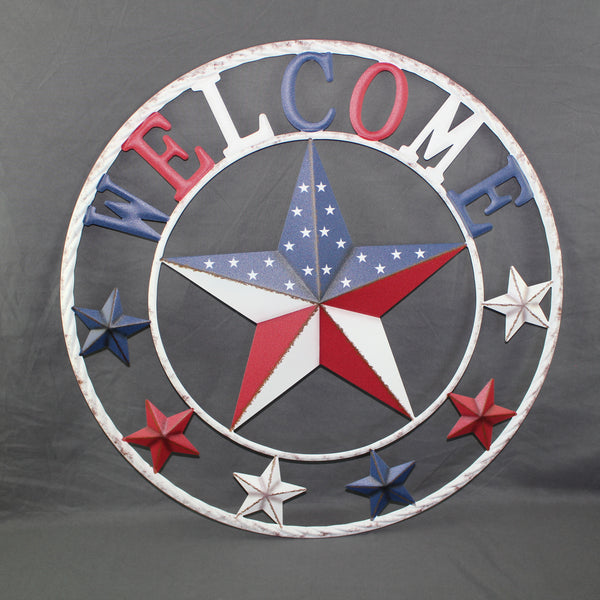 24" WELCOME USA FLAG BARN METAL FLAT STAR 2D PLAIN RED WHITE BLUE WESTER HOME DECOR HANDMADE NEW #EH12310