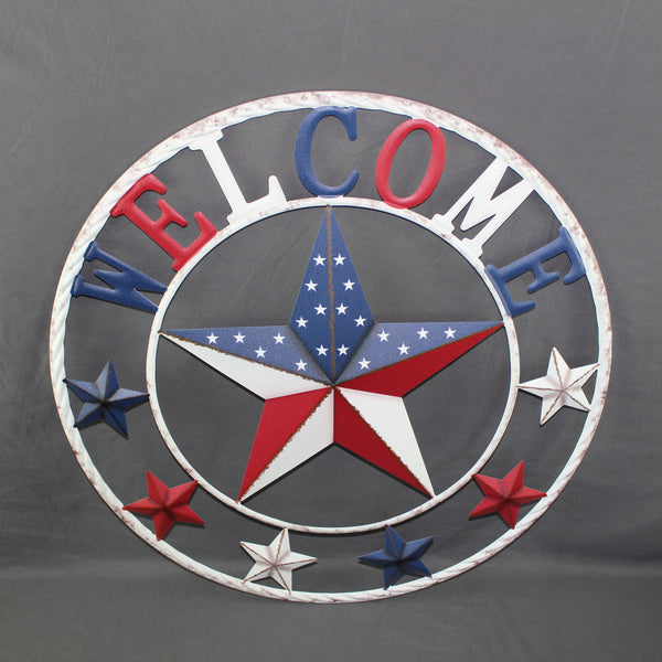 24" WELCOME USA FLAG BARN METAL FLAT STAR 2D PLAIN RED WHITE BLUE WESTER HOME DECOR HANDMADE NEW #EH12310