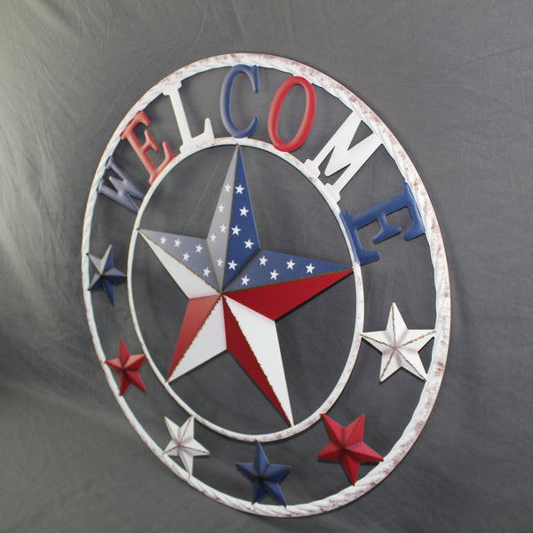 24" WELCOME USA FLAG BARN METAL FLAT STAR 2D PLAIN RED WHITE BLUE WESTER HOME DECOR HANDMADE NEW #EH12310