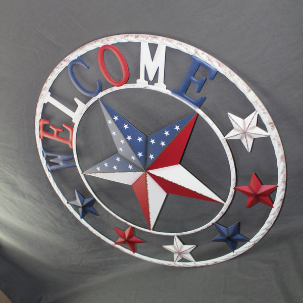 24" WELCOME USA FLAG BARN METAL FLAT STAR 2D PLAIN RED WHITE BLUE WESTER HOME DECOR HANDMADE NEW #EH12310