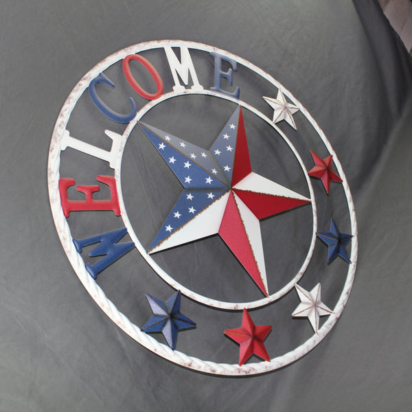 24" WELCOME USA FLAG BARN METAL FLAT STAR 2D PLAIN RED WHITE BLUE WESTER HOME DECOR HANDMADE NEW #EH12310