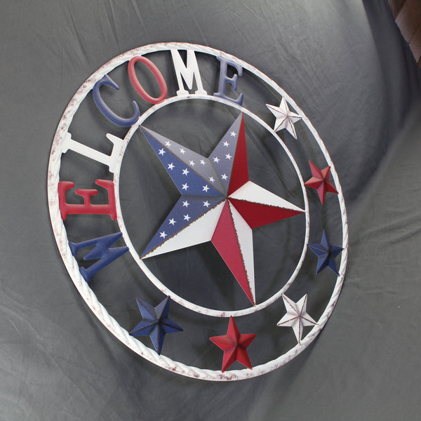 24" WELCOME USA FLAG BARN METAL FLAT STAR 2D PLAIN RED WHITE BLUE WESTER HOME DECOR HANDMADE NEW #EH12310