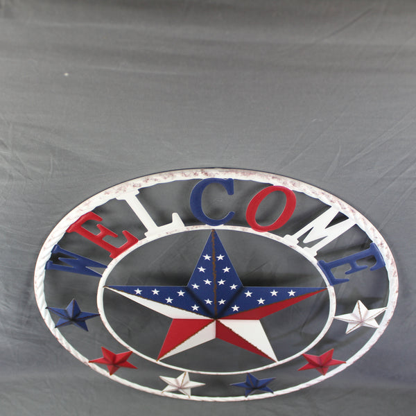 24" WELCOME USA FLAG BARN METAL FLAT STAR 2D PLAIN RED WHITE BLUE WESTER HOME DECOR HANDMADE NEW #EH12310