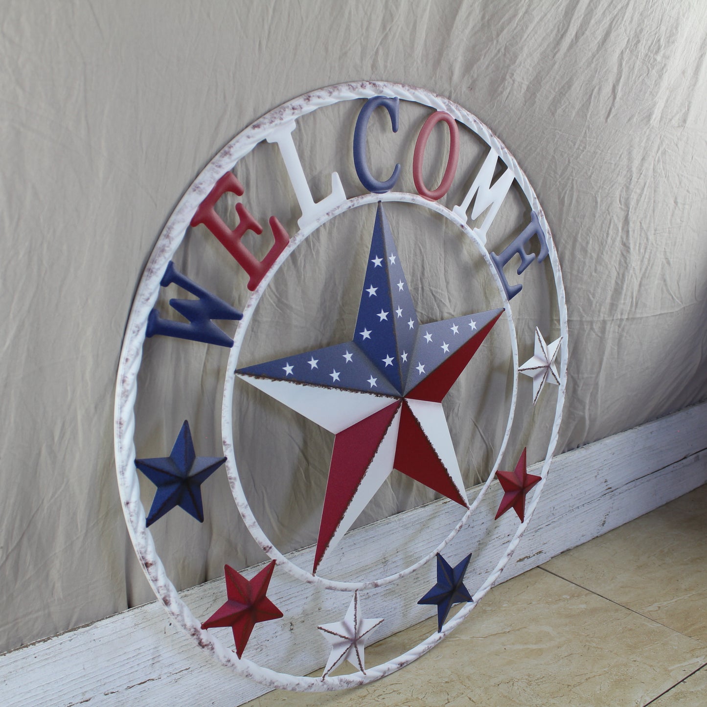 24" WELCOME USA FLAG BARN METAL FLAT STAR 2D PLAIN RED WHITE BLUE WESTERN HOME DECOR HANDMADE NEW #EH12310