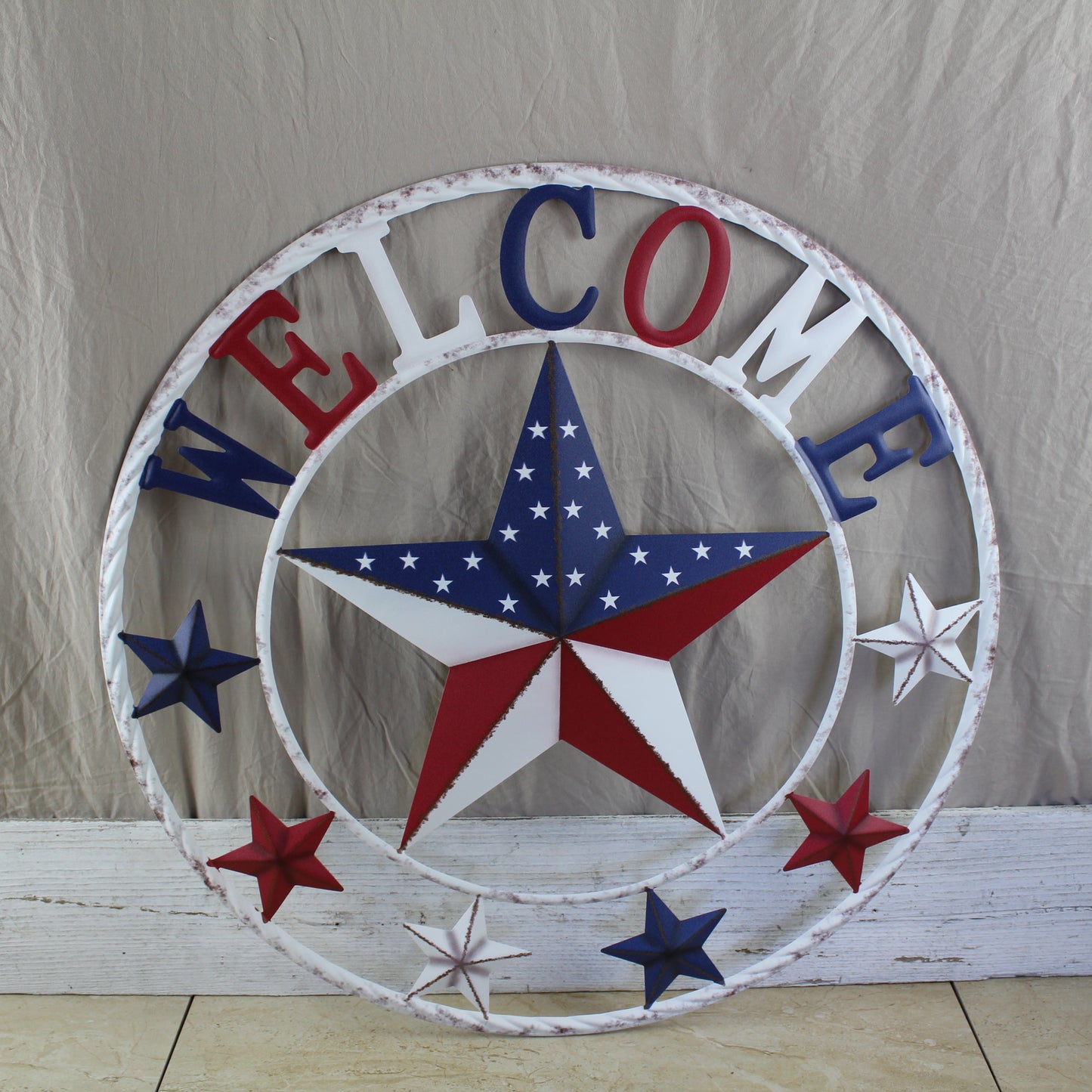 24" WELCOME USA FLAG BARN METAL FLAT STAR 2D PLAIN RED WHITE BLUE WESTERN HOME DECOR HANDMADE NEW #EH12310