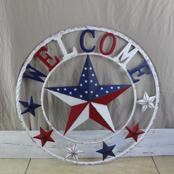 24" WELCOME USA FLAG BARN METAL FLAT STAR 2D PLAIN RED WHITE BLUE WESTER HOME DECOR HANDMADE NEW #EH12310