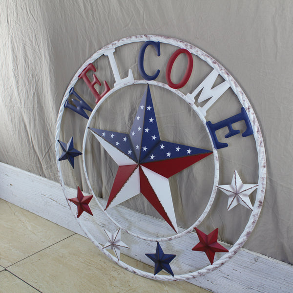 24" WELCOME USA FLAG BARN METAL FLAT STAR 2D PLAIN RED WHITE BLUE WESTER HOME DECOR HANDMADE NEW #EH12310