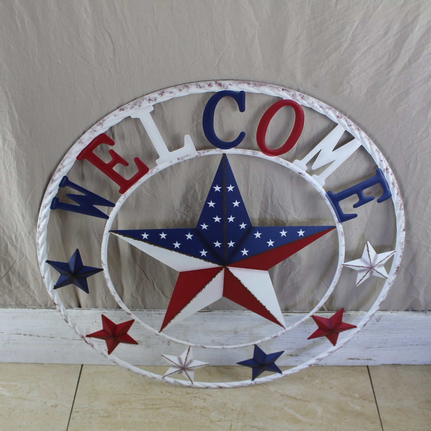 24" WELCOME USA FLAG BARN METAL FLAT STAR 2D PLAIN RED WHITE BLUE WESTERN HOME DECOR HANDMADE NEW #EH12310