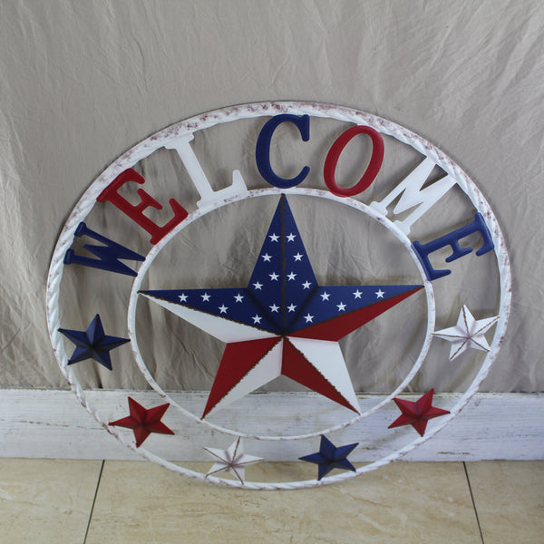 24" WELCOME USA FLAG BARN METAL FLAT STAR 2D PLAIN RED WHITE BLUE WESTER HOME DECOR HANDMADE NEW #EH12310