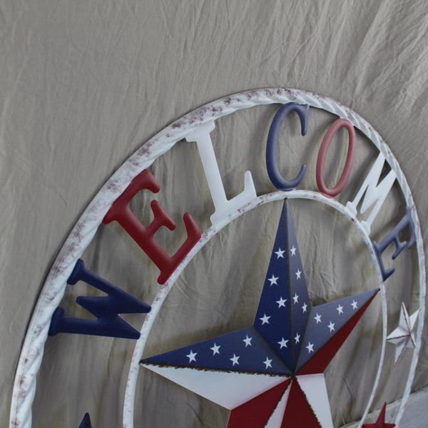 24" WELCOME USA FLAG BARN METAL FLAT STAR 2D PLAIN RED WHITE BLUE WESTER HOME DECOR HANDMADE NEW #EH12310