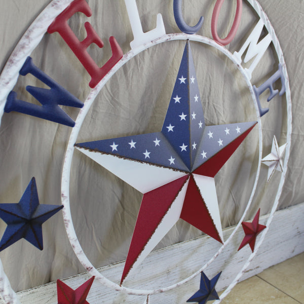 24" WELCOME USA FLAG BARN METAL FLAT STAR 2D PLAIN RED WHITE BLUE WESTER HOME DECOR HANDMADE NEW #EH12310