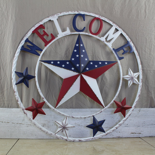24" WELCOME USA FLAG BARN METAL FLAT STAR 2D PLAIN RED WHITE BLUE WESTER HOME DECOR HANDMADE NEW #EH12310