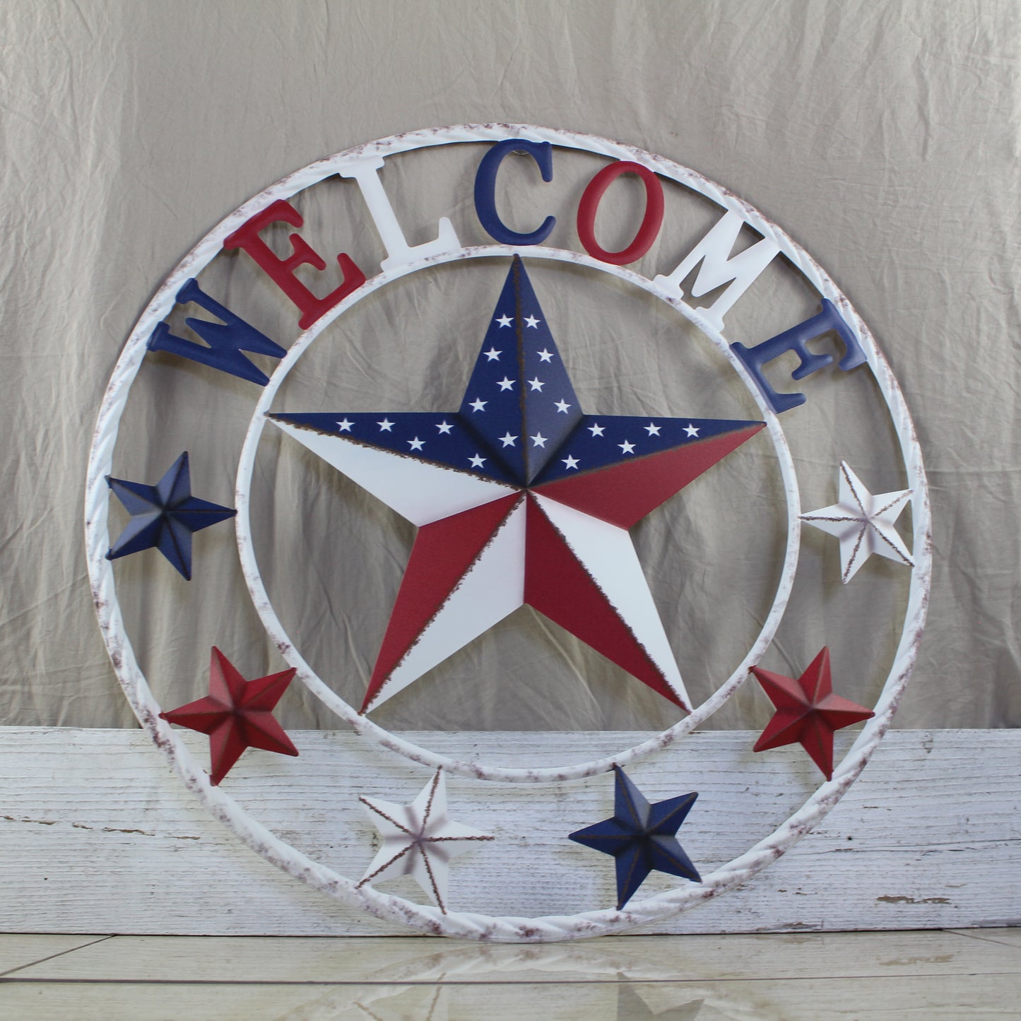 24" WELCOME USA FLAG BARN METAL FLAT STAR 2D PLAIN RED WHITE BLUE WESTERN HOME DECOR HANDMADE NEW #EH12310