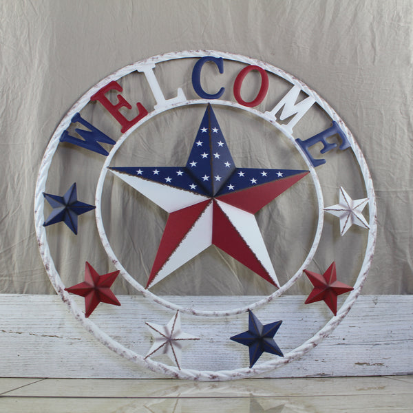 24" WELCOME USA FLAG BARN METAL FLAT STAR 2D PLAIN RED WHITE BLUE WESTER HOME DECOR HANDMADE NEW #EH12310