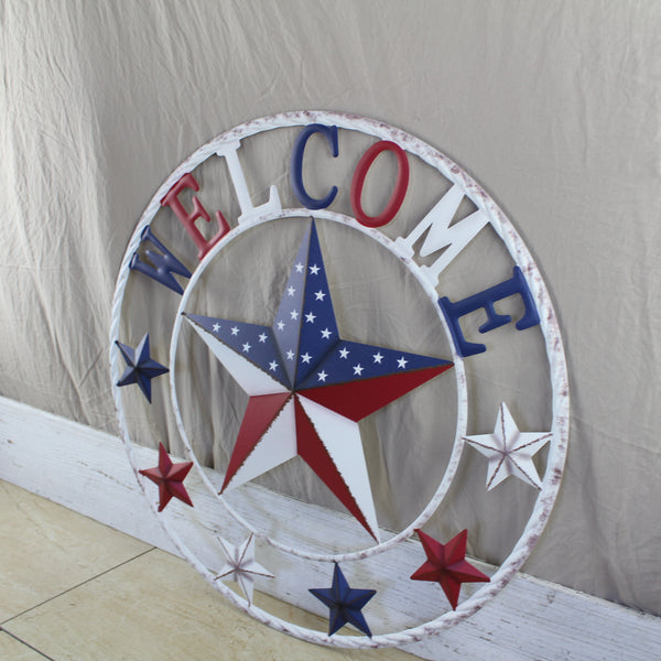 24" WELCOME USA FLAG BARN METAL FLAT STAR 2D PLAIN RED WHITE BLUE WESTER HOME DECOR HANDMADE NEW #EH12310