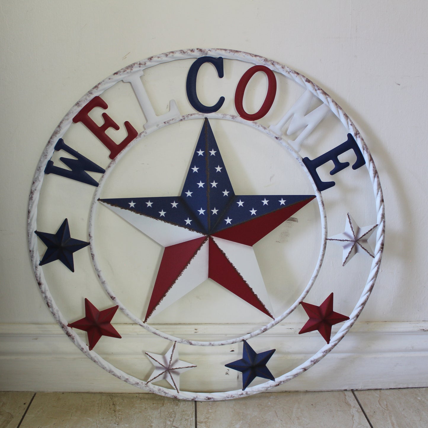 24" WELCOME USA FLAG BARN METAL FLAT STAR 2D PLAIN RED WHITE BLUE WESTERN HOME DECOR HANDMADE NEW #EH12310