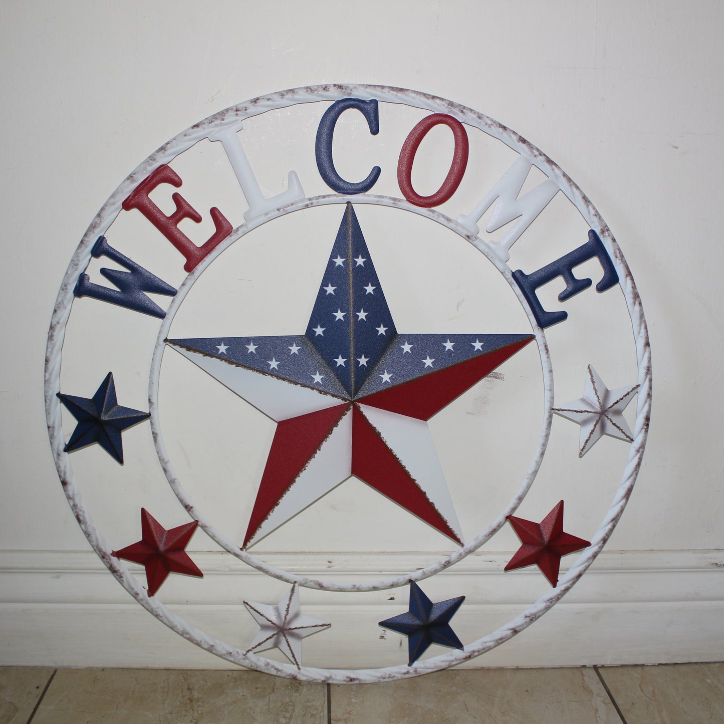 24" WELCOME USA FLAG BARN METAL FLAT STAR 2D PLAIN RED WHITE BLUE WESTERN HOME DECOR HANDMADE NEW #EH12310