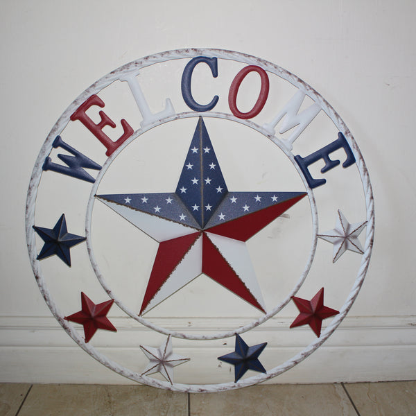 24" WELCOME USA FLAG BARN METAL FLAT STAR 2D PLAIN RED WHITE BLUE WESTER HOME DECOR HANDMADE NEW #EH12310