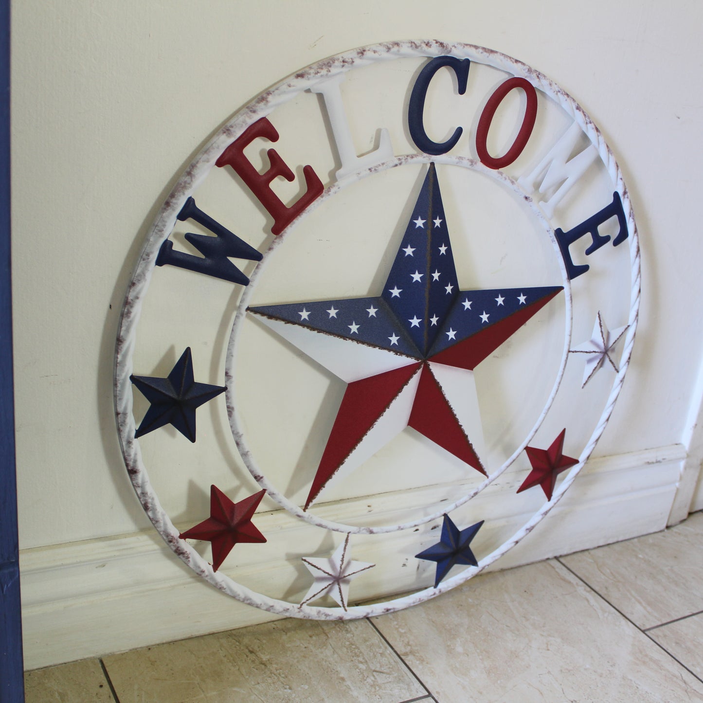 24" WELCOME USA FLAG BARN METAL FLAT STAR 2D PLAIN RED WHITE BLUE WESTERN HOME DECOR HANDMADE NEW #EH12310