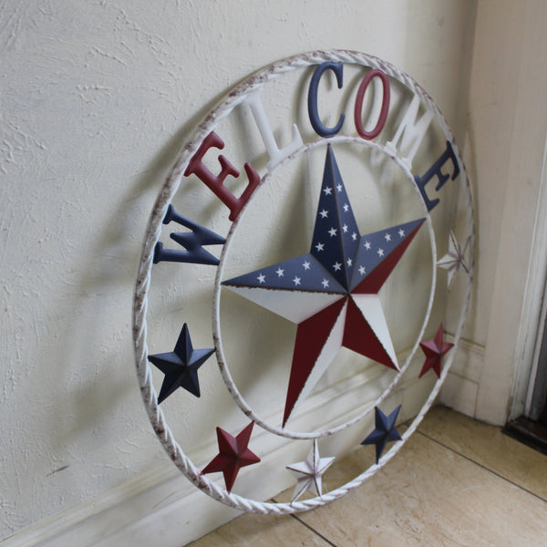 24" WELCOME USA FLAG BARN METAL FLAT STAR 2D PLAIN RED WHITE BLUE WESTER HOME DECOR HANDMADE NEW #EH12310