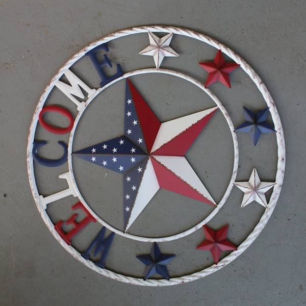 24" WELCOME USA FLAG BARN METAL FLAT STAR 2D PLAIN RED WHITE BLUE WESTER HOME DECOR HANDMADE NEW #EH12310