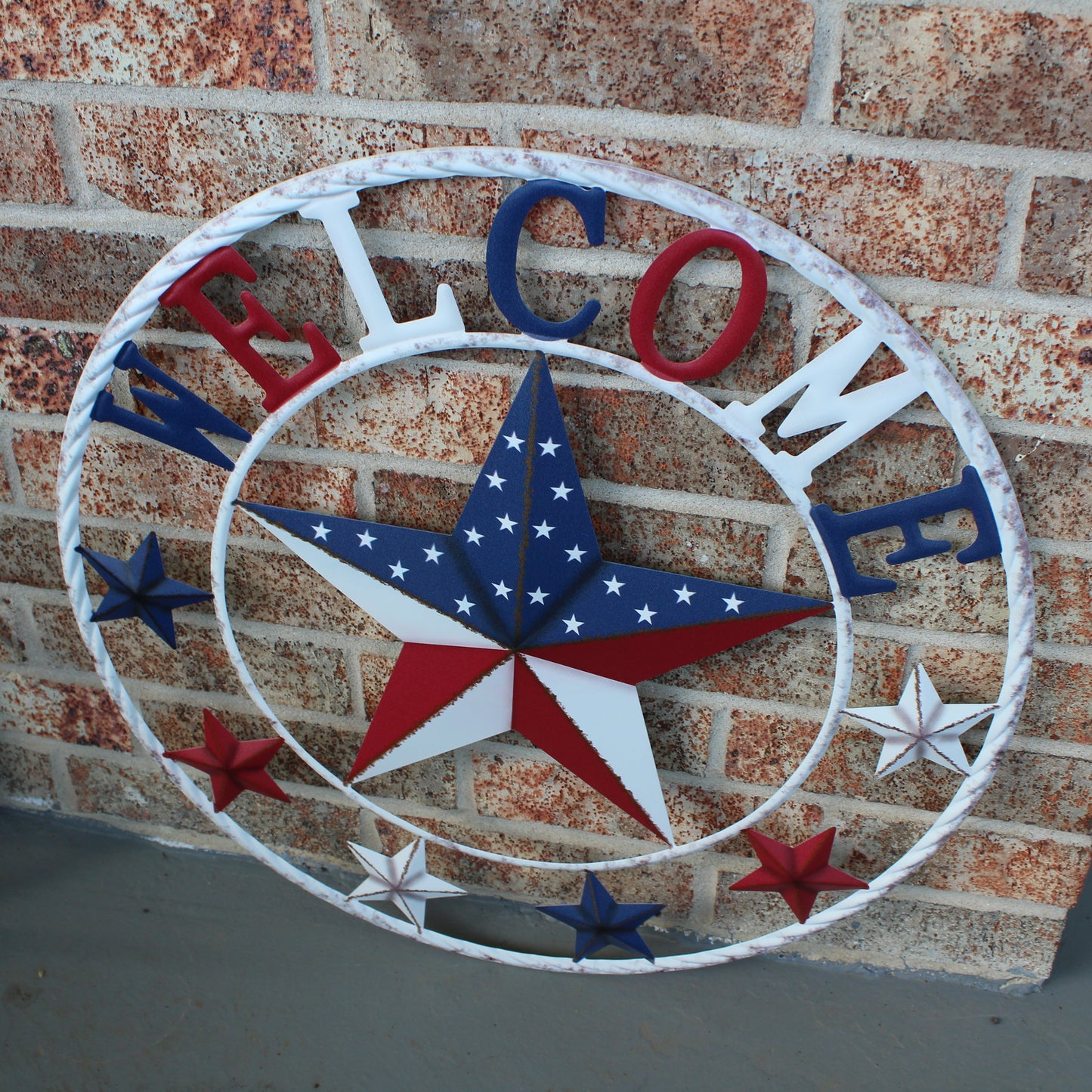 24" WELCOME USA FLAG BARN METAL FLAT STAR 2D PLAIN RED WHITE BLUE WESTERN HOME DECOR HANDMADE NEW #EH12310