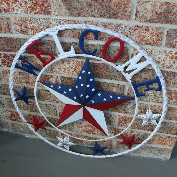 24" WELCOME USA FLAG BARN METAL FLAT STAR 2D PLAIN RED WHITE BLUE WESTER HOME DECOR HANDMADE NEW #EH12310