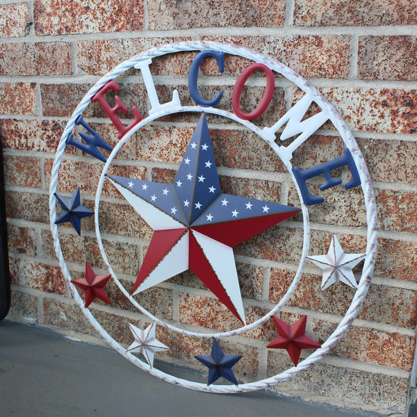 24" WELCOME USA FLAG BARN METAL FLAT STAR 2D PLAIN RED WHITE BLUE WESTER HOME DECOR HANDMADE NEW #EH12310