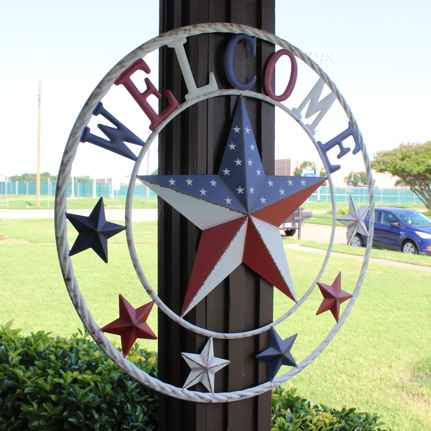 24" WELCOME USA FLAG BARN METAL FLAT STAR 2D PLAIN RED WHITE BLUE WESTERN HOME DECOR HANDMADE NEW #EH12310