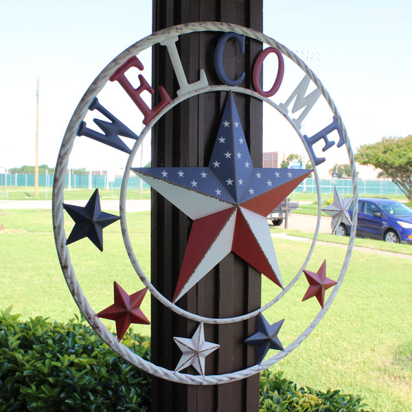24" WELCOME USA FLAG BARN METAL FLAT STAR 2D PLAIN RED WHITE BLUE WESTER HOME DECOR HANDMADE NEW #EH12310
