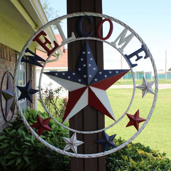 24" WELCOME USA FLAG BARN METAL FLAT STAR 2D PLAIN RED WHITE BLUE WESTER HOME DECOR HANDMADE NEW #EH12310