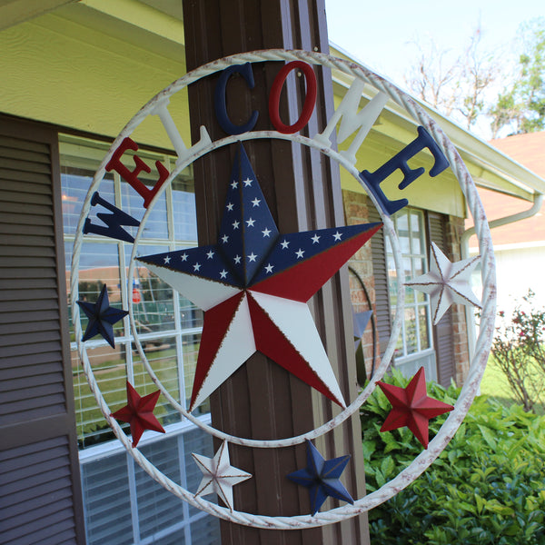 24" WELCOME USA FLAG BARN METAL FLAT STAR 2D PLAIN RED WHITE BLUE WESTER HOME DECOR HANDMADE NEW #EH12310