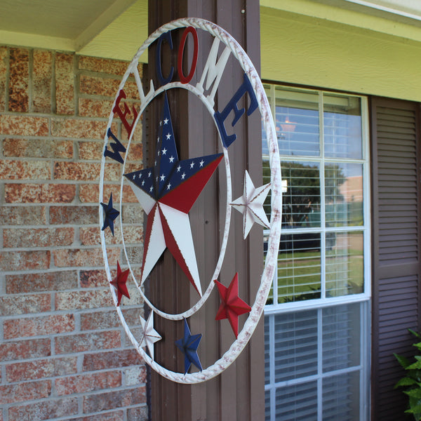 24" WELCOME USA FLAG BARN METAL FLAT STAR 2D PLAIN RED WHITE BLUE WESTER HOME DECOR HANDMADE NEW #EH12310