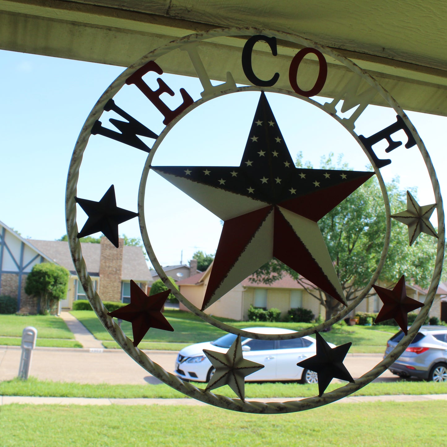 24" WELCOME USA FLAG BARN METAL FLAT STAR 2D PLAIN RED WHITE BLUE WESTERN HOME DECOR HANDMADE NEW #EH12310