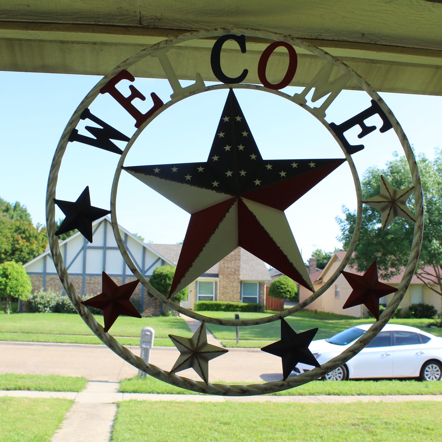 24" WELCOME USA FLAG BARN METAL FLAT STAR 2D PLAIN RED WHITE BLUE WESTERN HOME DECOR HANDMADE NEW #EH12310