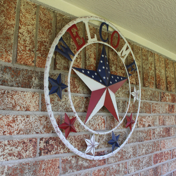 24" WELCOME USA FLAG BARN METAL FLAT STAR 2D PLAIN RED WHITE BLUE WESTER HOME DECOR HANDMADE NEW #EH12310