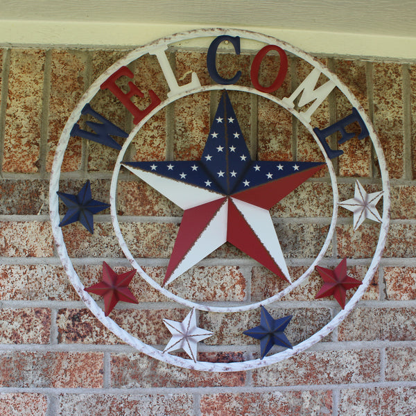 24" WELCOME USA FLAG BARN METAL FLAT STAR 2D PLAIN RED WHITE BLUE WESTER HOME DECOR HANDMADE NEW #EH12310