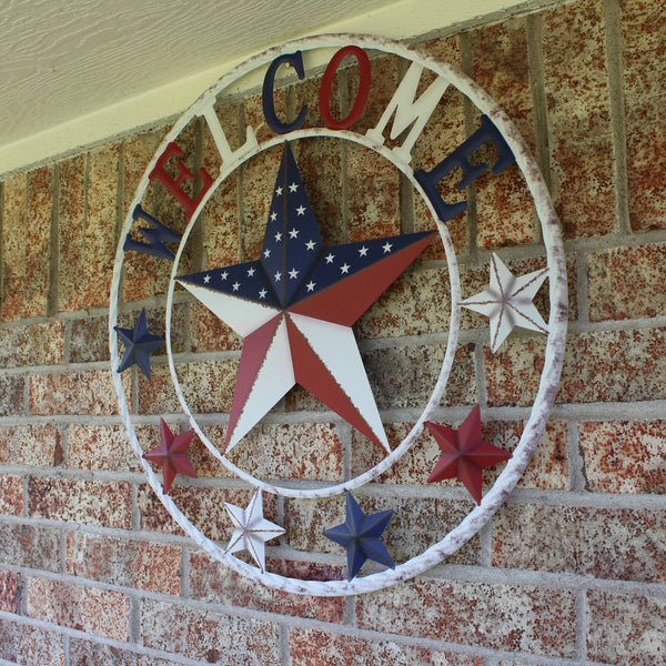 24" WELCOME USA FLAG BARN METAL FLAT STAR 2D PLAIN RED WHITE BLUE WESTER HOME DECOR HANDMADE NEW #EH12310